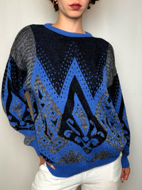 Pull à motifs noir et bleu L vintage