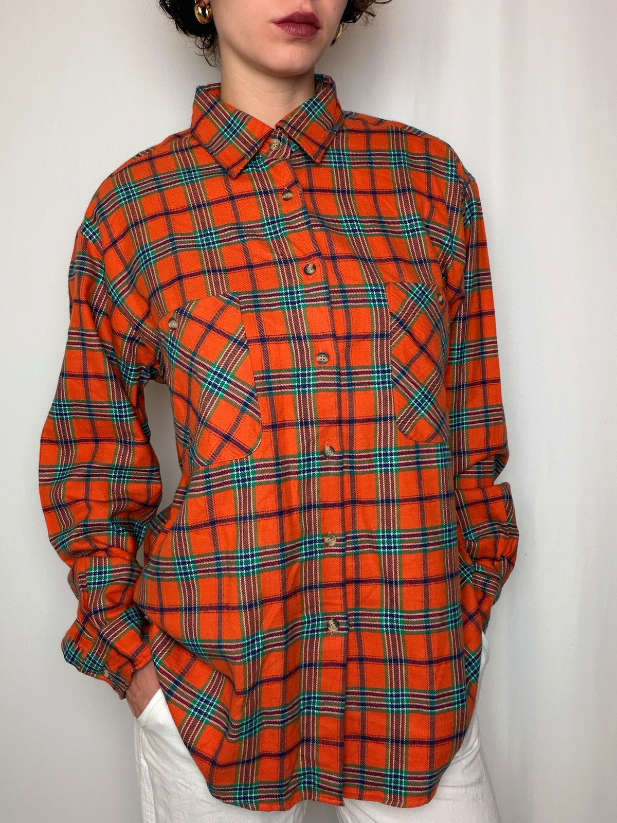 Chemise en flannelle orange à carreaux M vintage