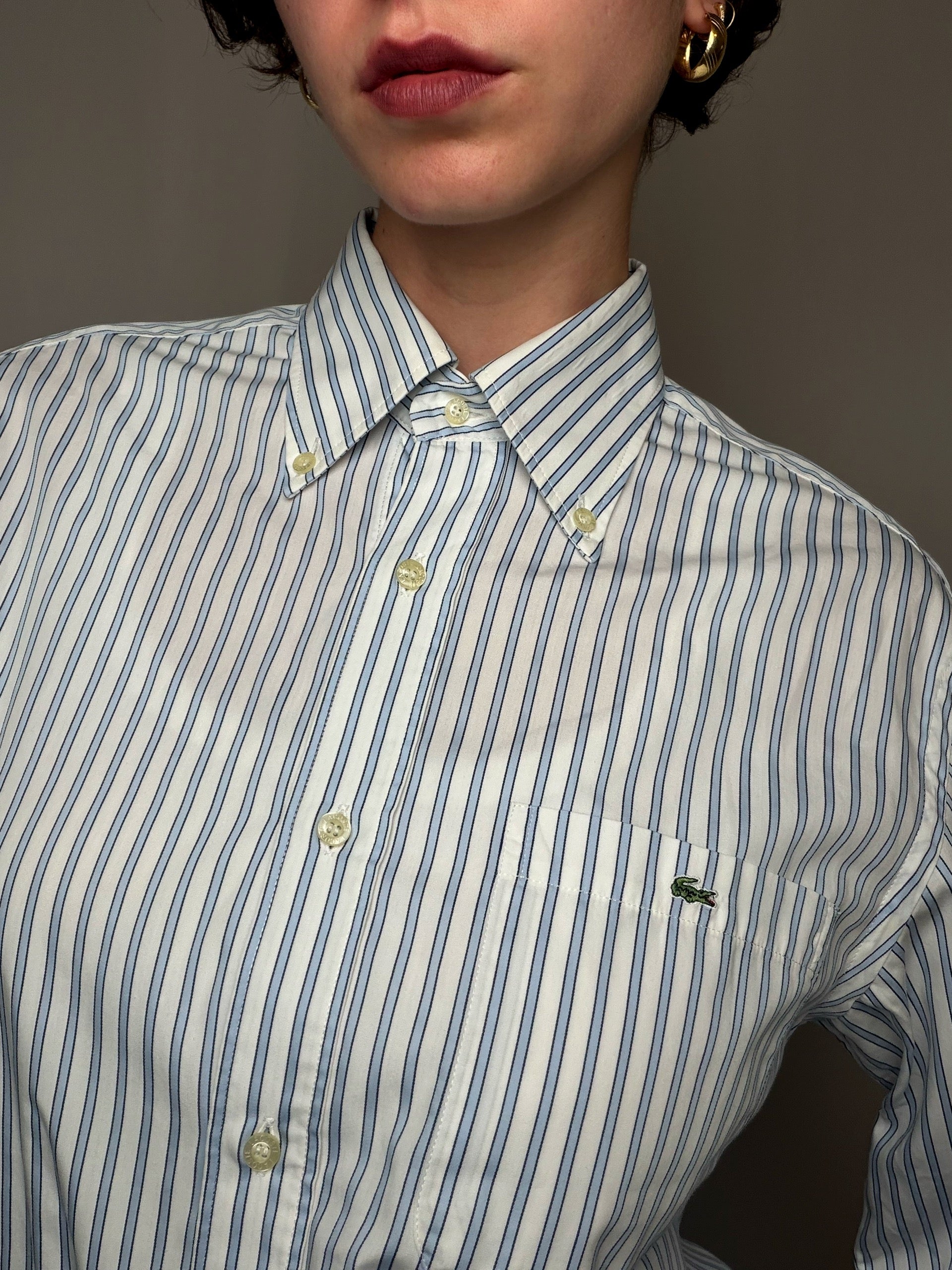 Chemise Rayures Bleu Marine Et Vert Sur Blanc Lacoste S/M vintage