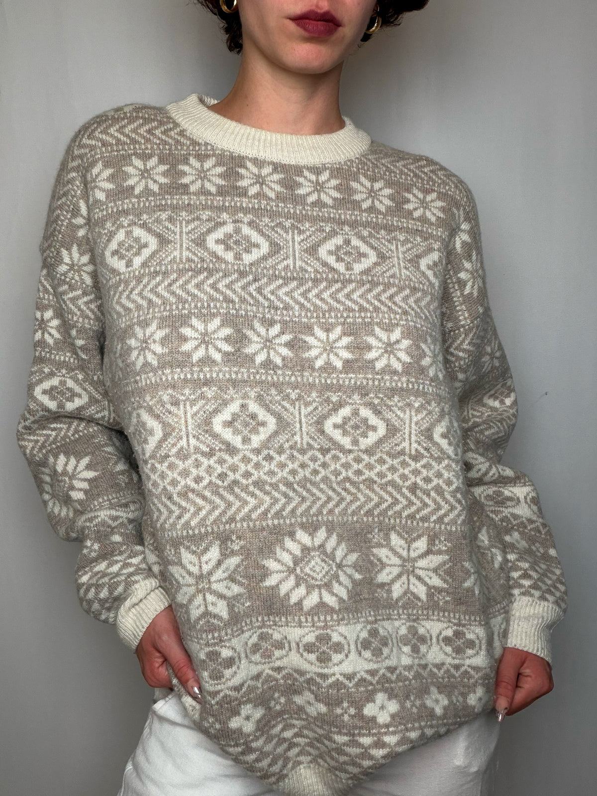 Pull imprimé beige M vintage
