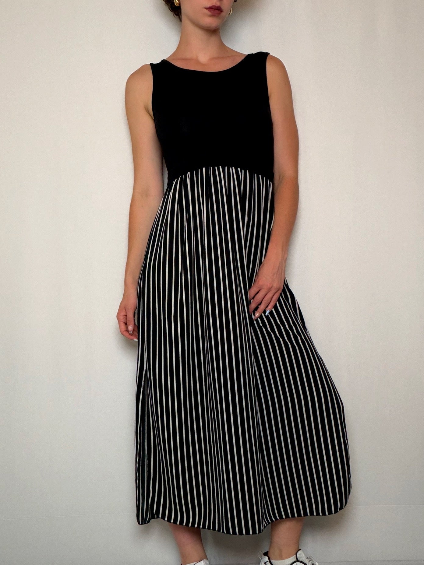 Robe longue bi matiere Noire rayée M/L vintage