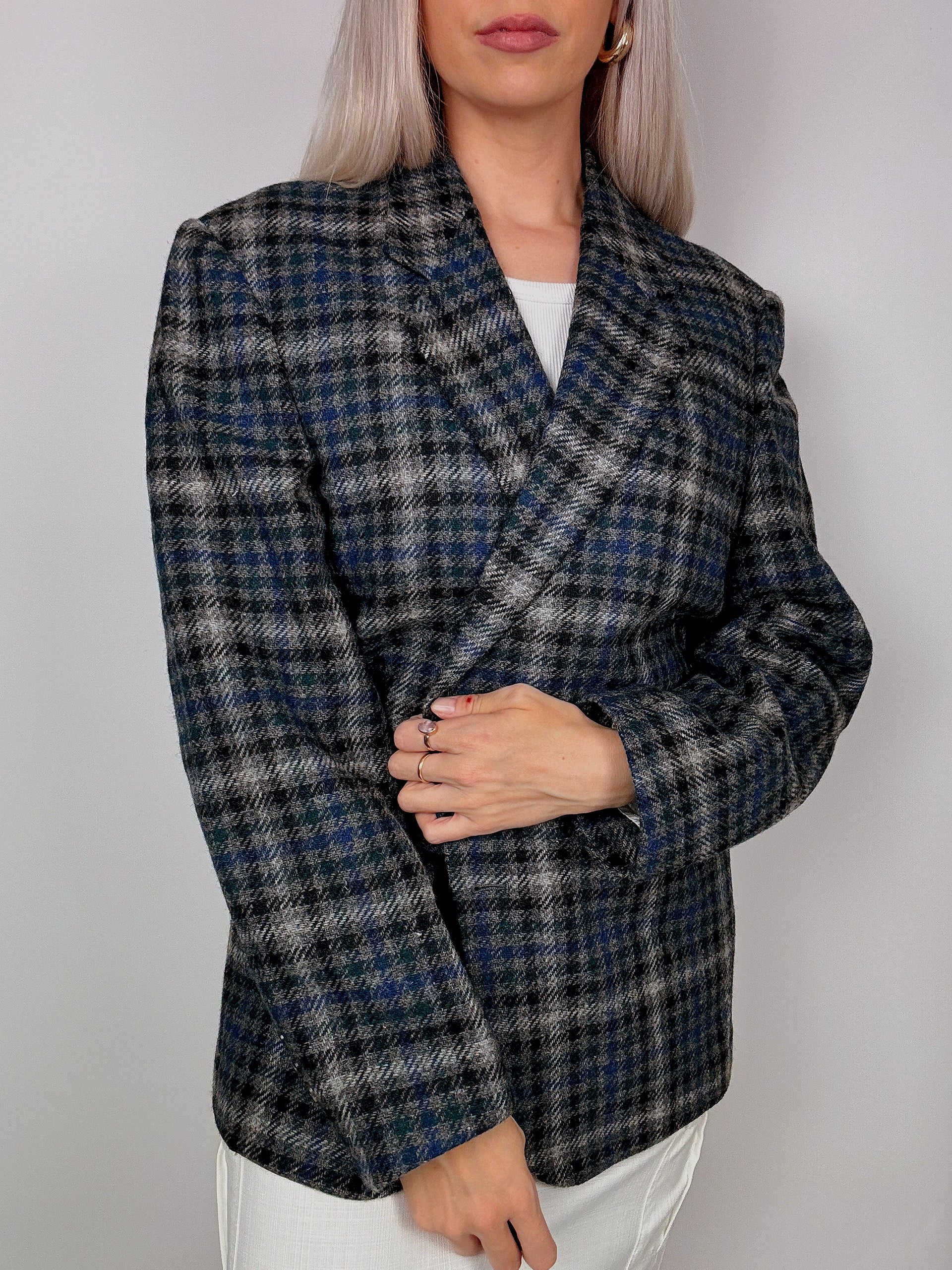 Blazer vintage oversize à carreaux bleu