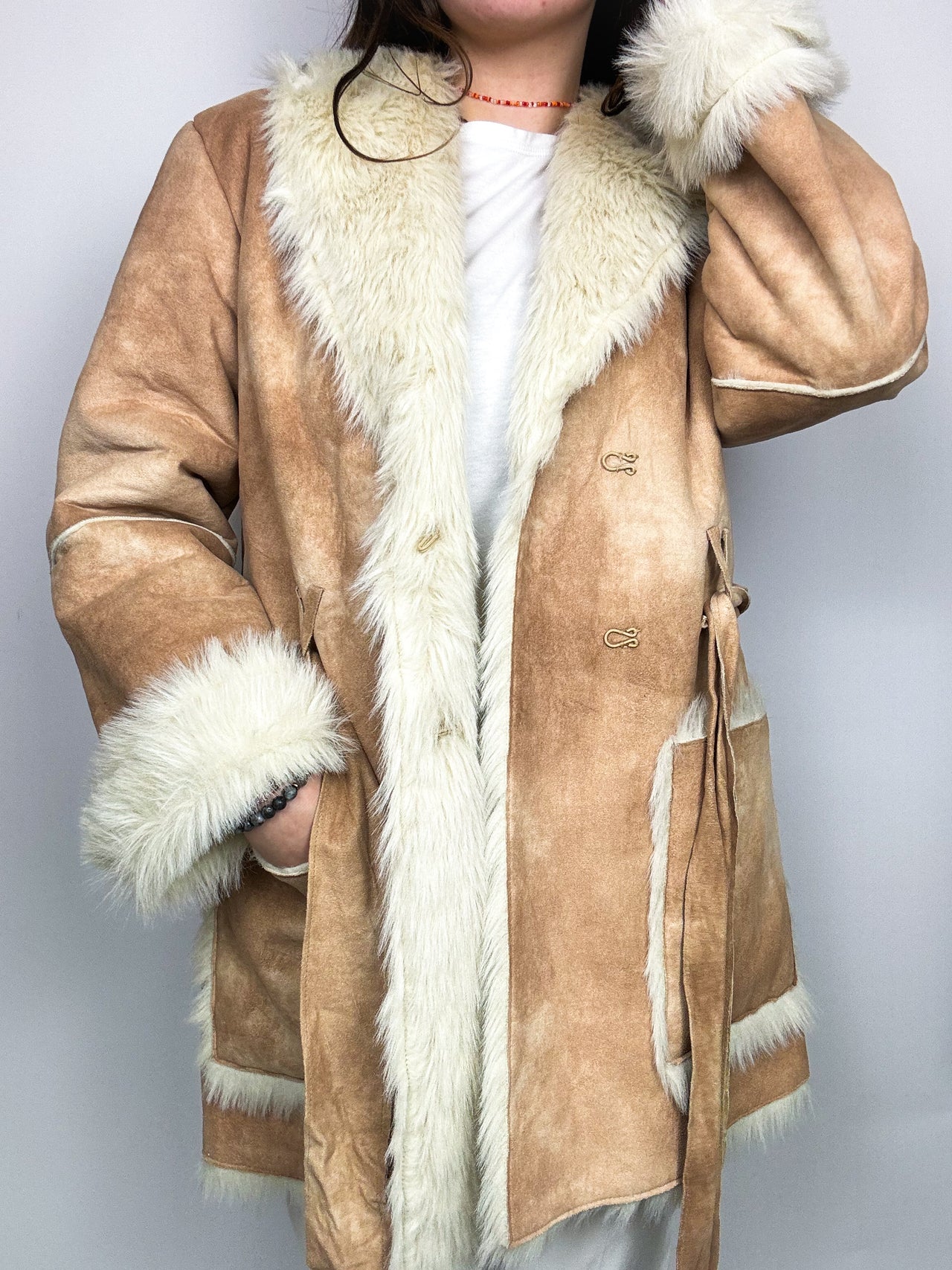 Light brown reversed faux fur coat L 