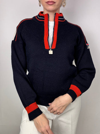 Pull FILA col cheminé bleu marine et rouge vintage