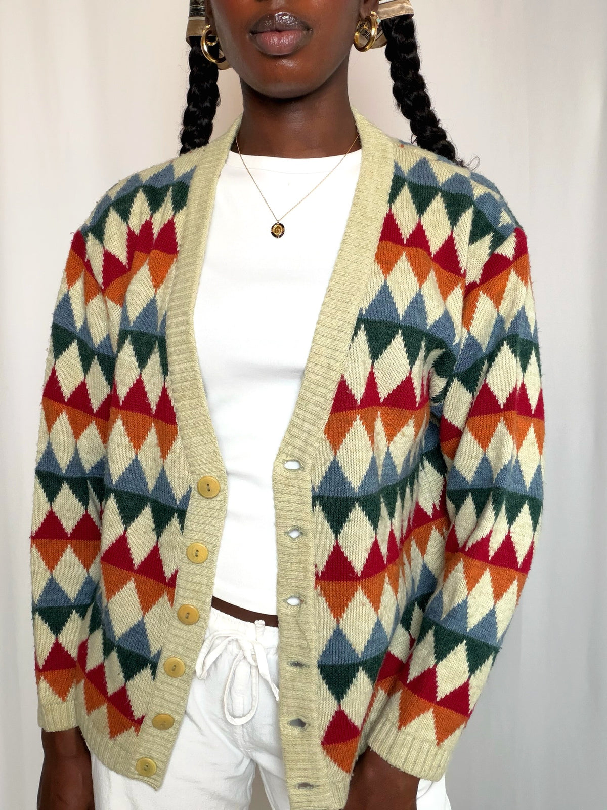 Cardigan à losanges multicolores M/L vintage