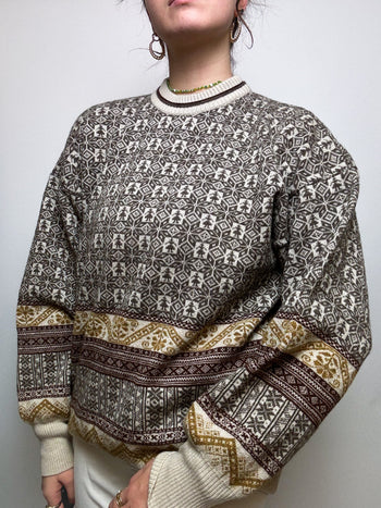 Vintage brown and white wool sweater L