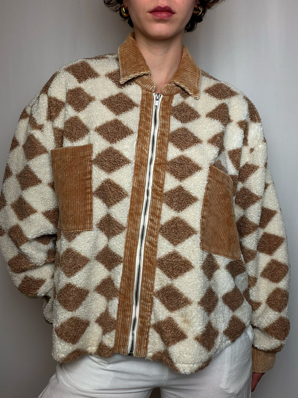 Veste en polaire ecru et brune M vintage