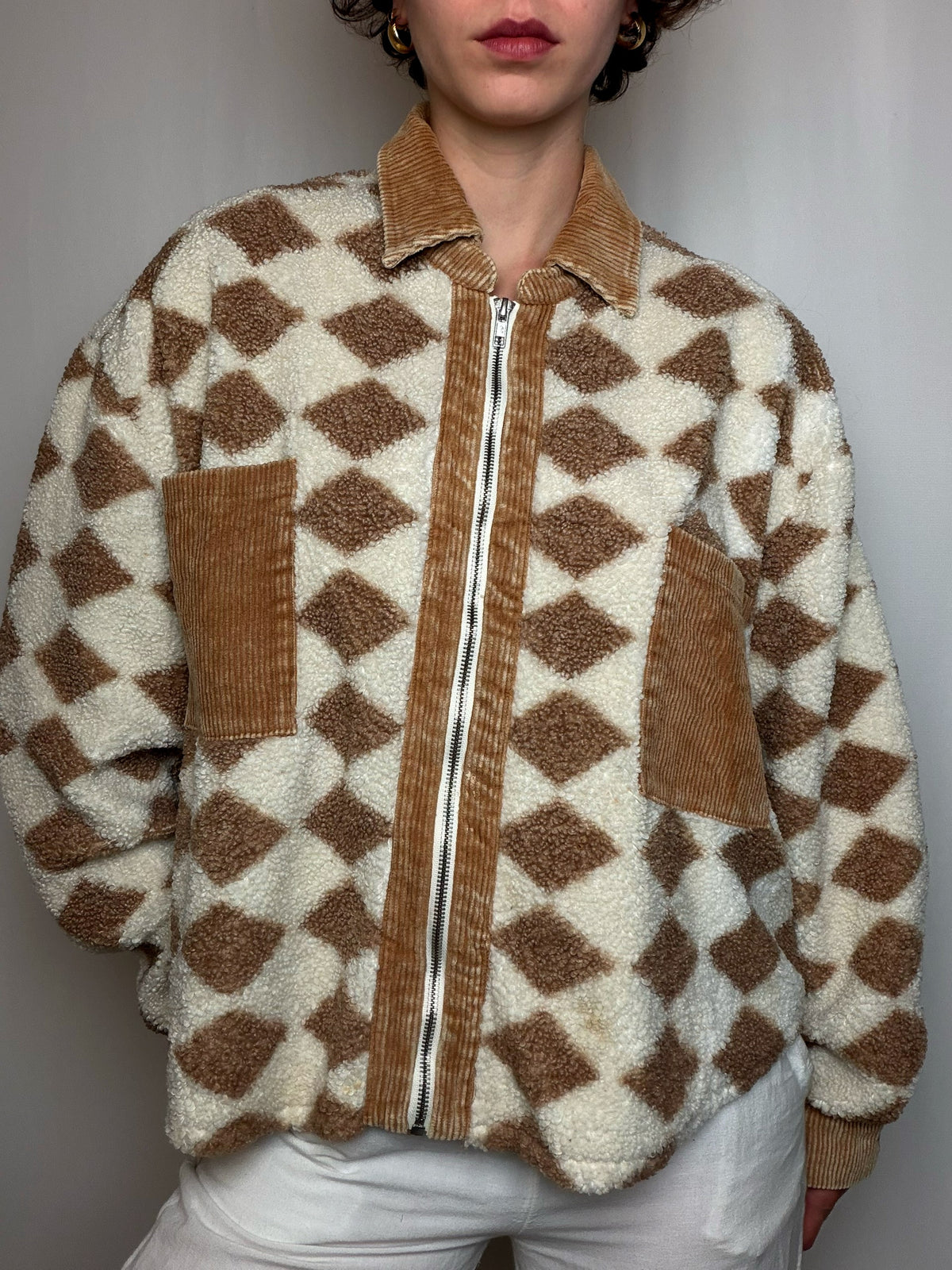 Veste en polaire ecru et brune M vintage