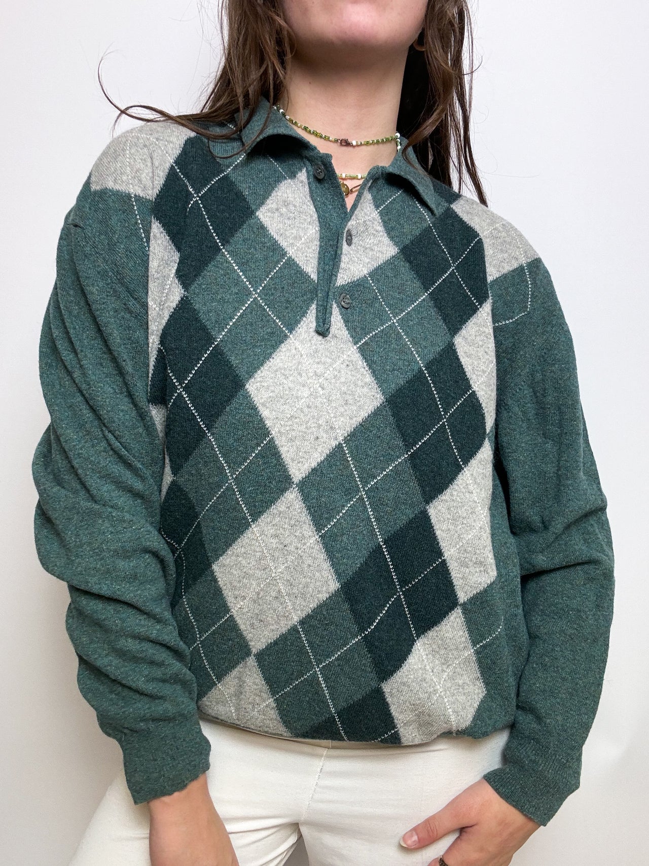 Green wool sweater with vintage collar S/M