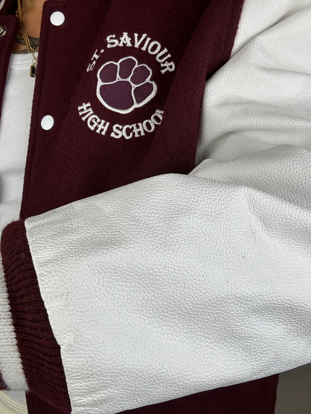 Burgundy and white bomber jacket with vintage leather sleeves