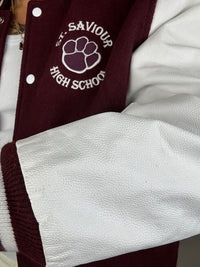 Burgundy and white bomber jacket with vintage leather sleeves
