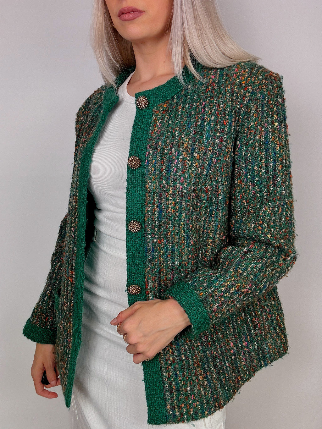 vintage green tweed round neck blazer
