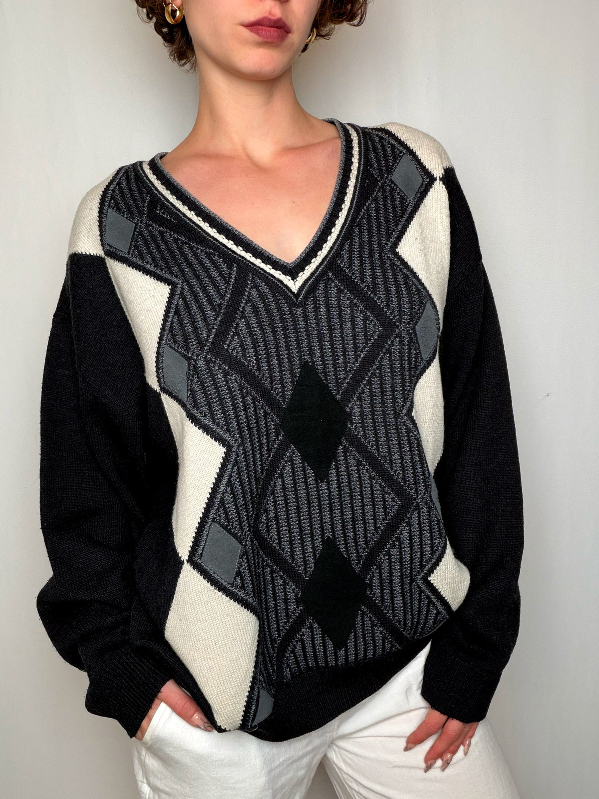 Pull Noir Et Écru XL vintage