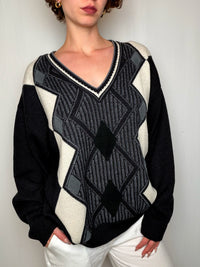 Pull Noir Et Écru XL vintage