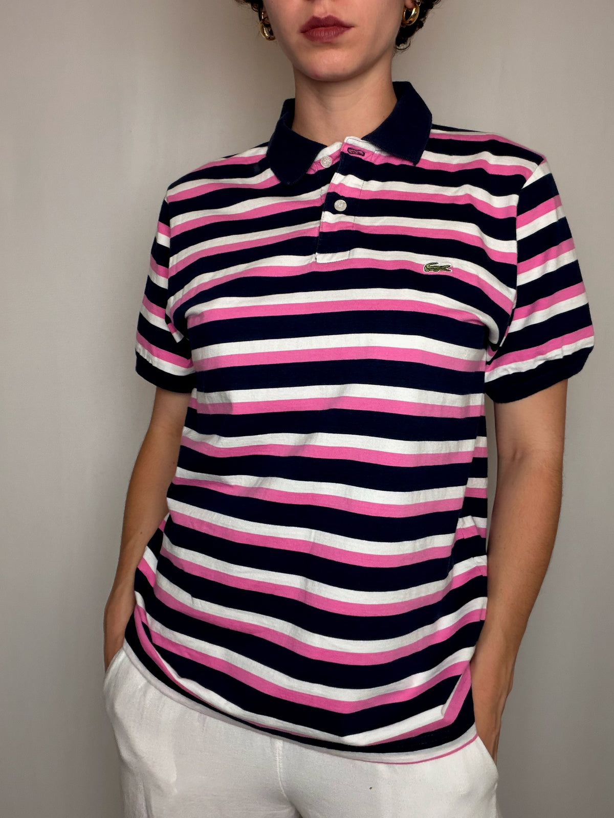 Polo Rayures Bleu Marine, Rose Et Blanc Lacoste L vintage