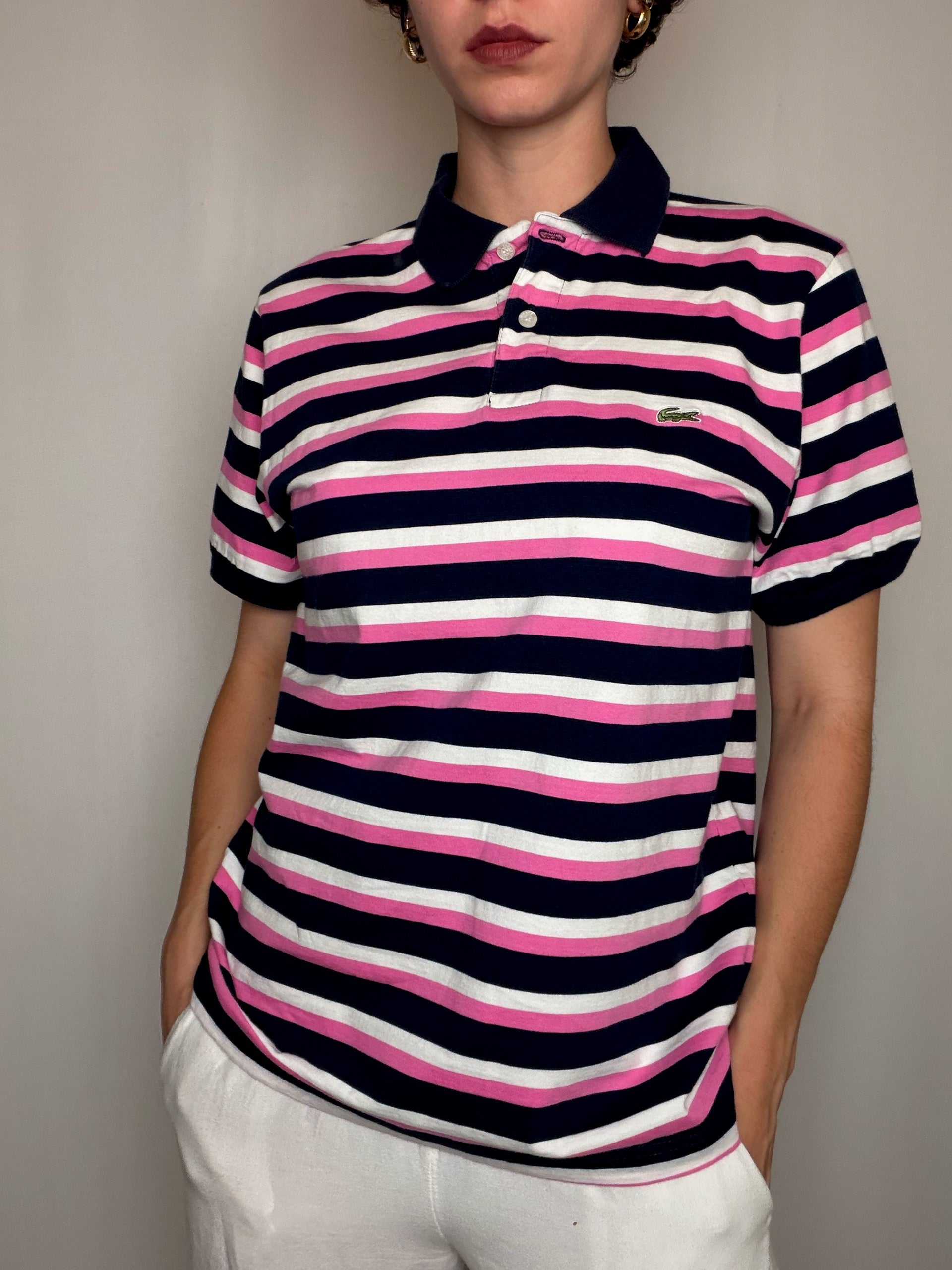 Polo Rayures Bleu Marine, Rose Et Blanc Lacoste L vintage