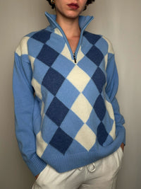 Pull camioneur à carreaux bleu L vintage