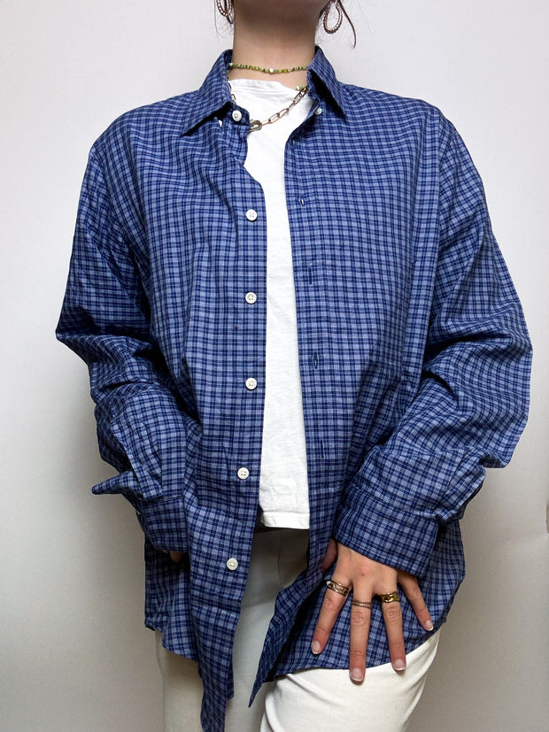 Chemise à carreaux bleu foncé et blanche vintage L