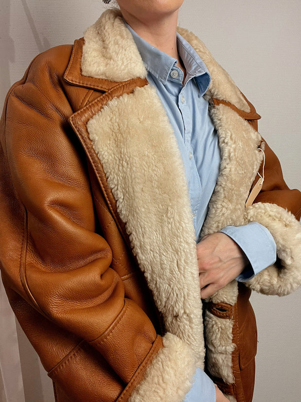 Manteau en mouton retourné camel vintage L/XL