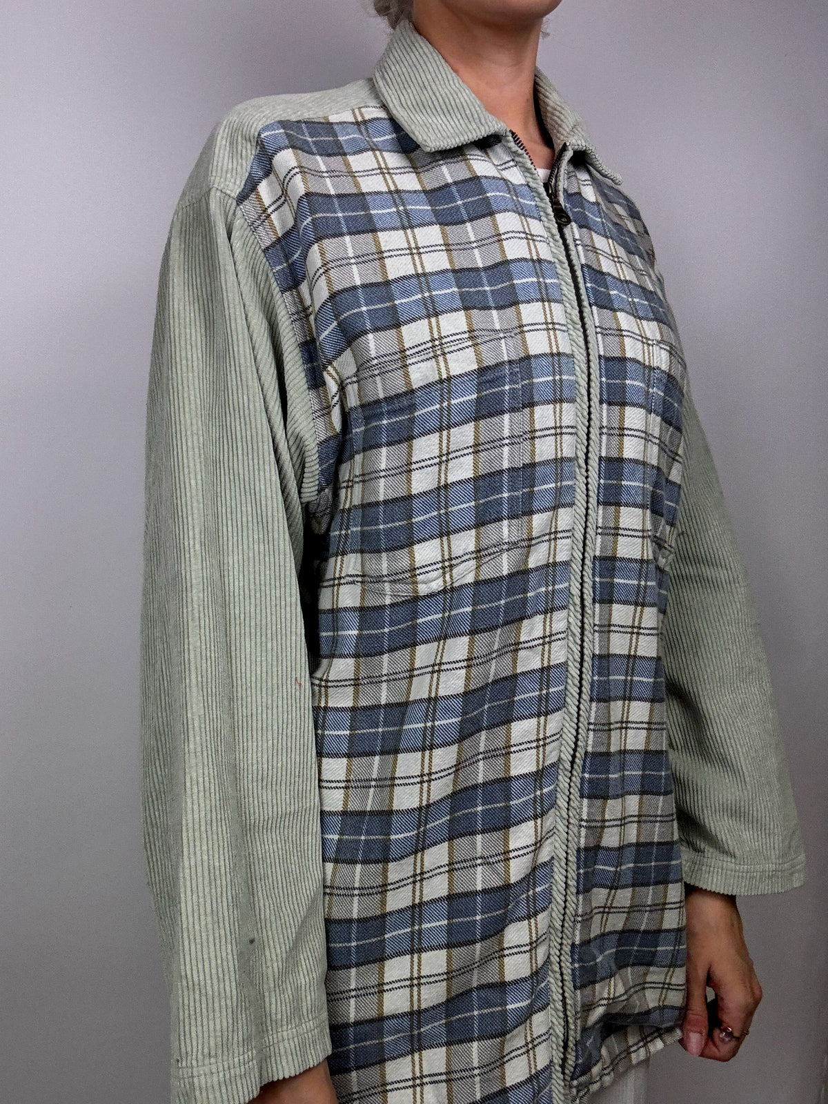 Vintage blue and gray plaid shirt with mesh sleeves