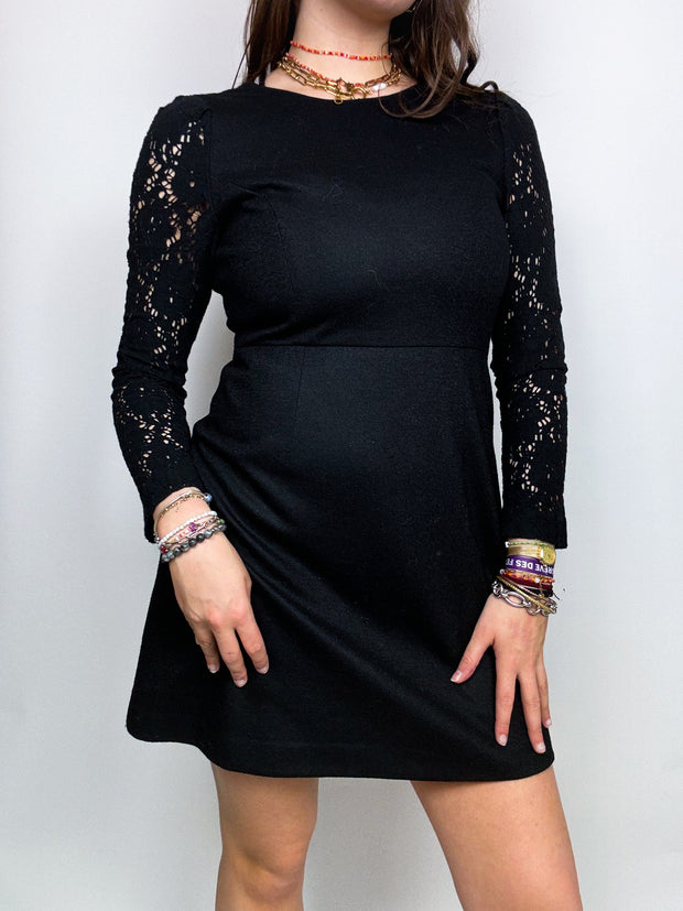 Black mini dress with vintage lace sleeves S/M