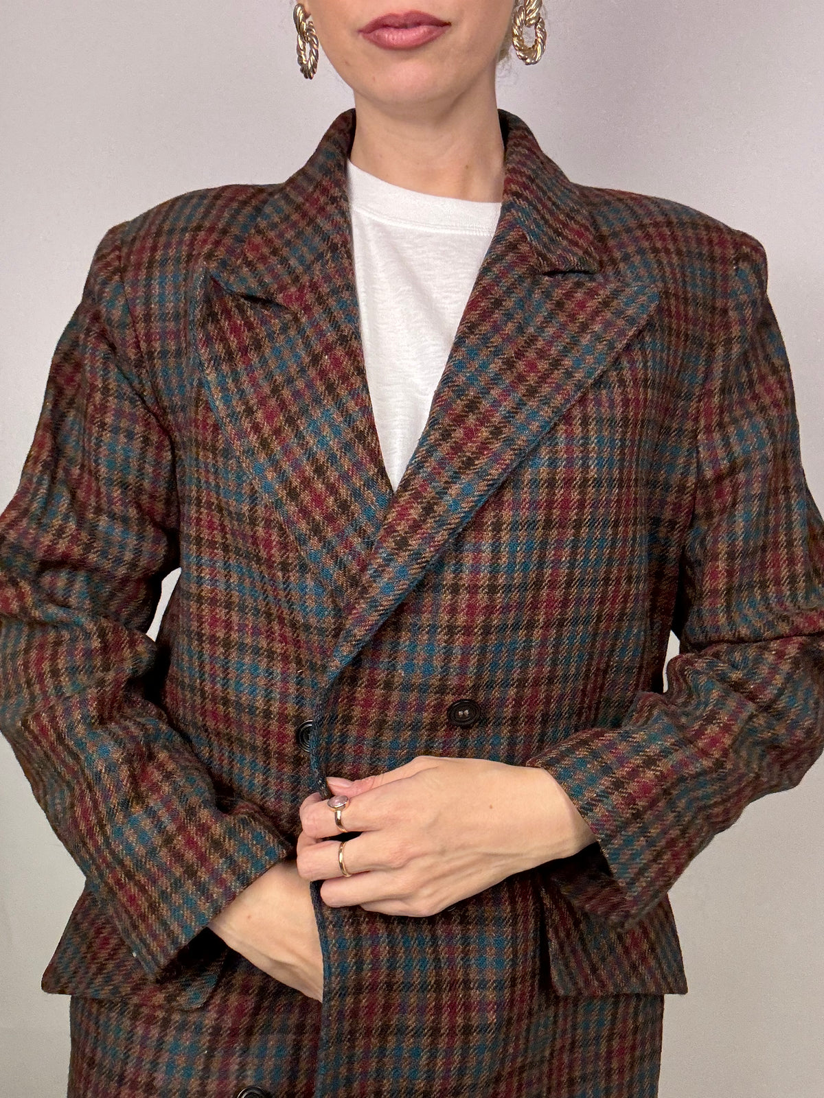 Vintage brown wool plaid long blazer