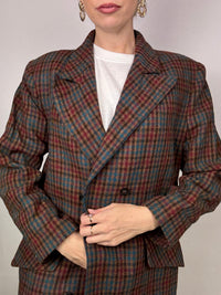 Vintage brown wool plaid long blazer