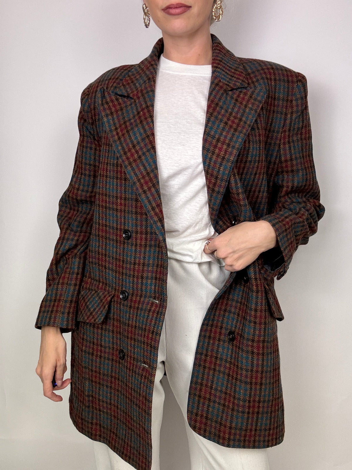 Vintage brown wool plaid long blazer