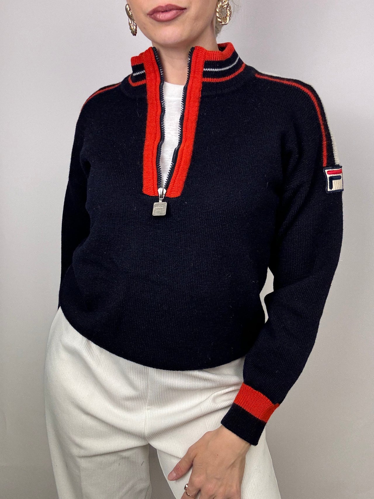 Pull FILA col cheminé bleu marine et rouge vintage