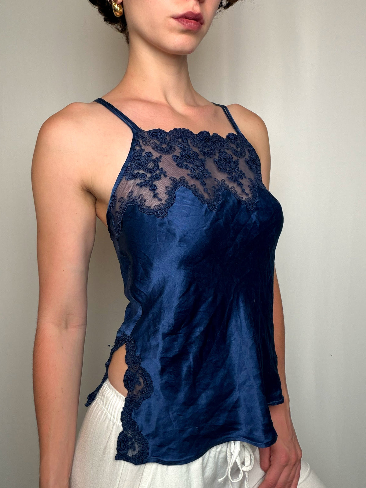 Top satiné bleu nuit S vintage