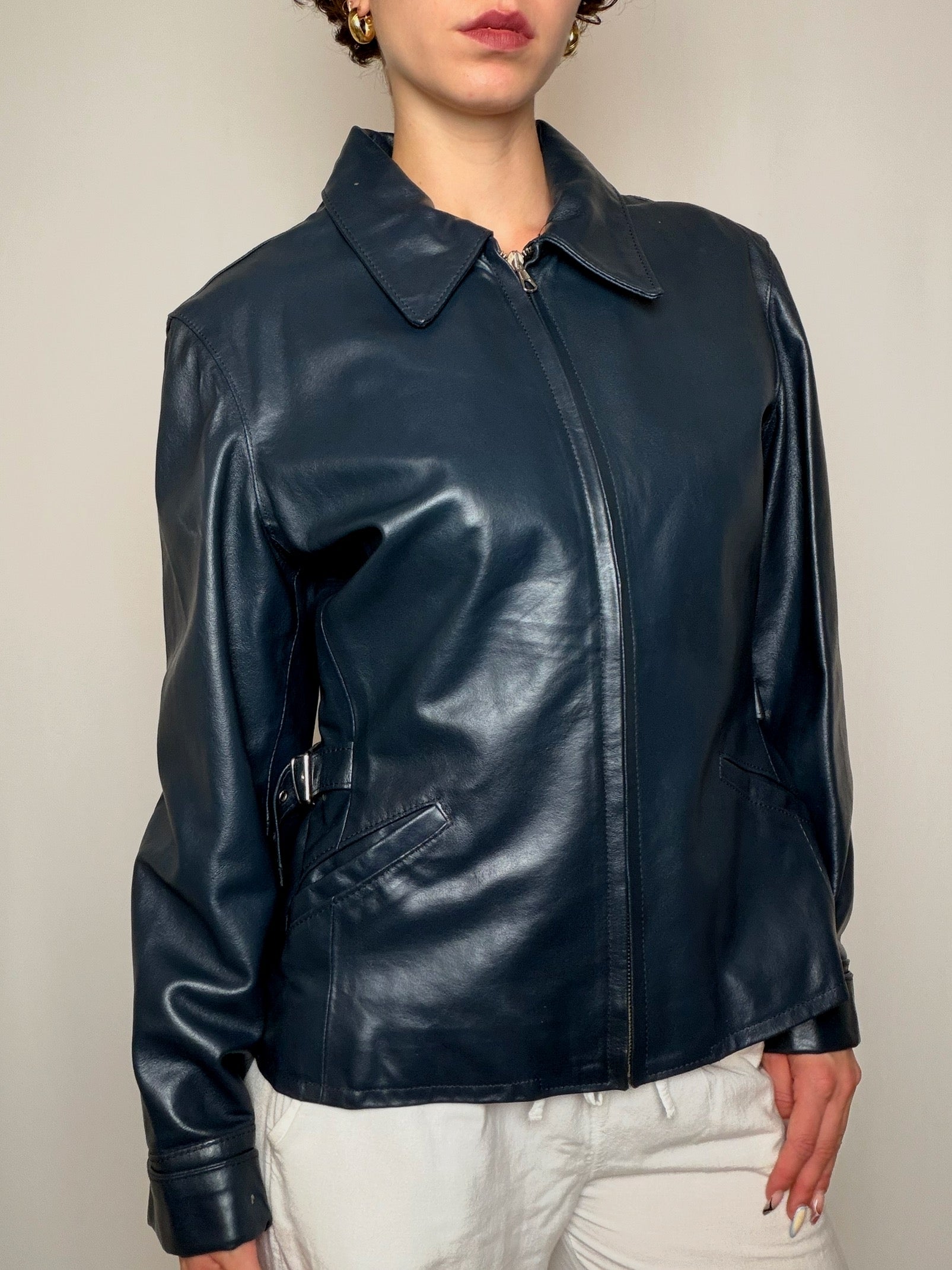 Veste en cuir Bleu Marine vintage