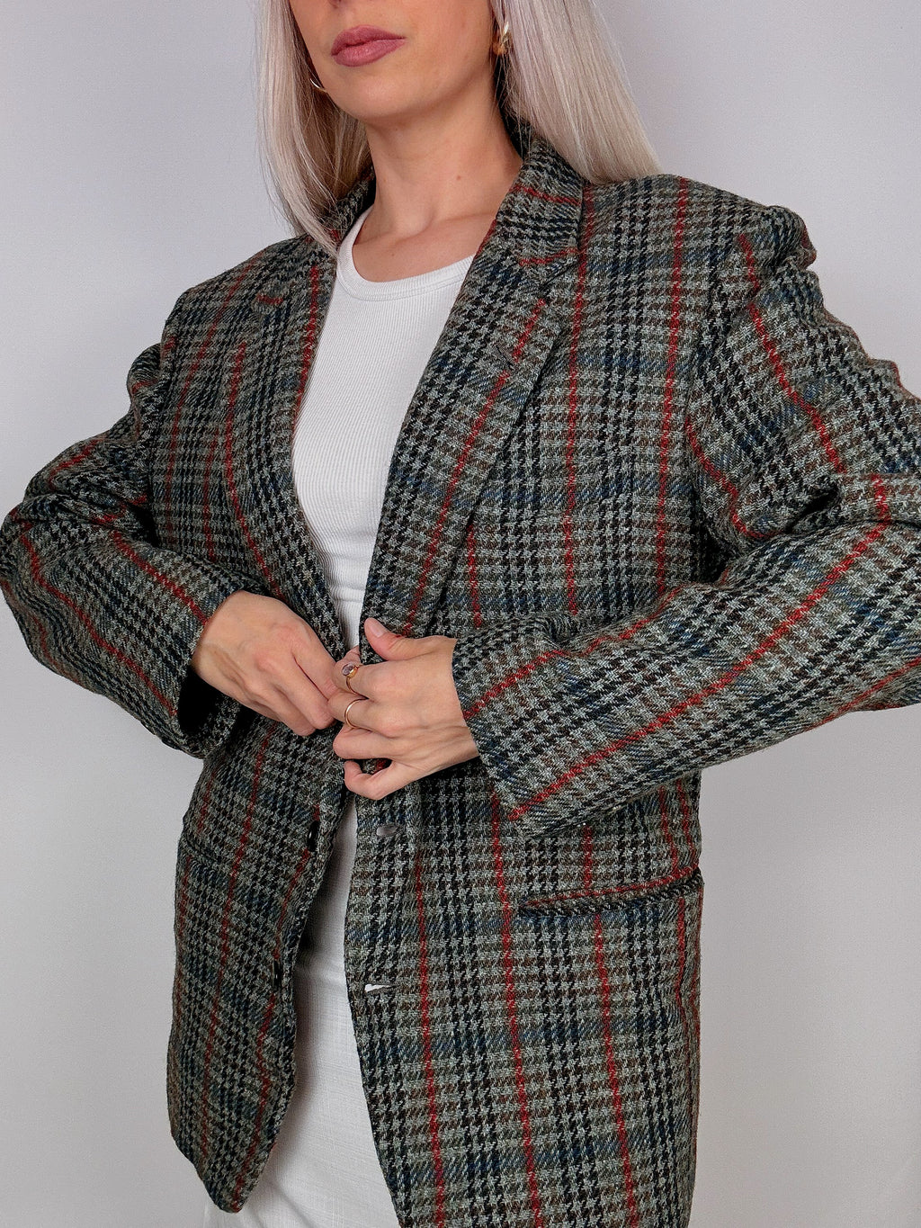 Vintage grey-blue plaid blazer jacket