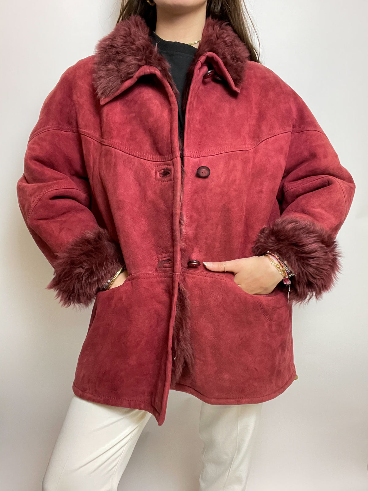 Manteau vintage en mouton retourné bordeau L/XL