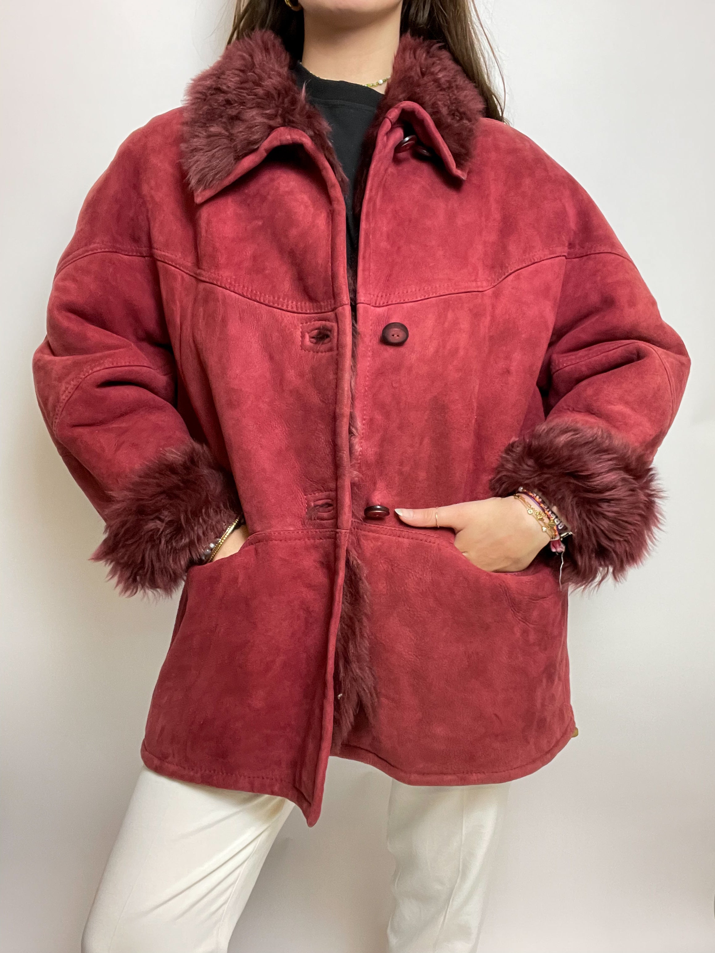 Manteau vintage en mouton retourné bordeau L/XL