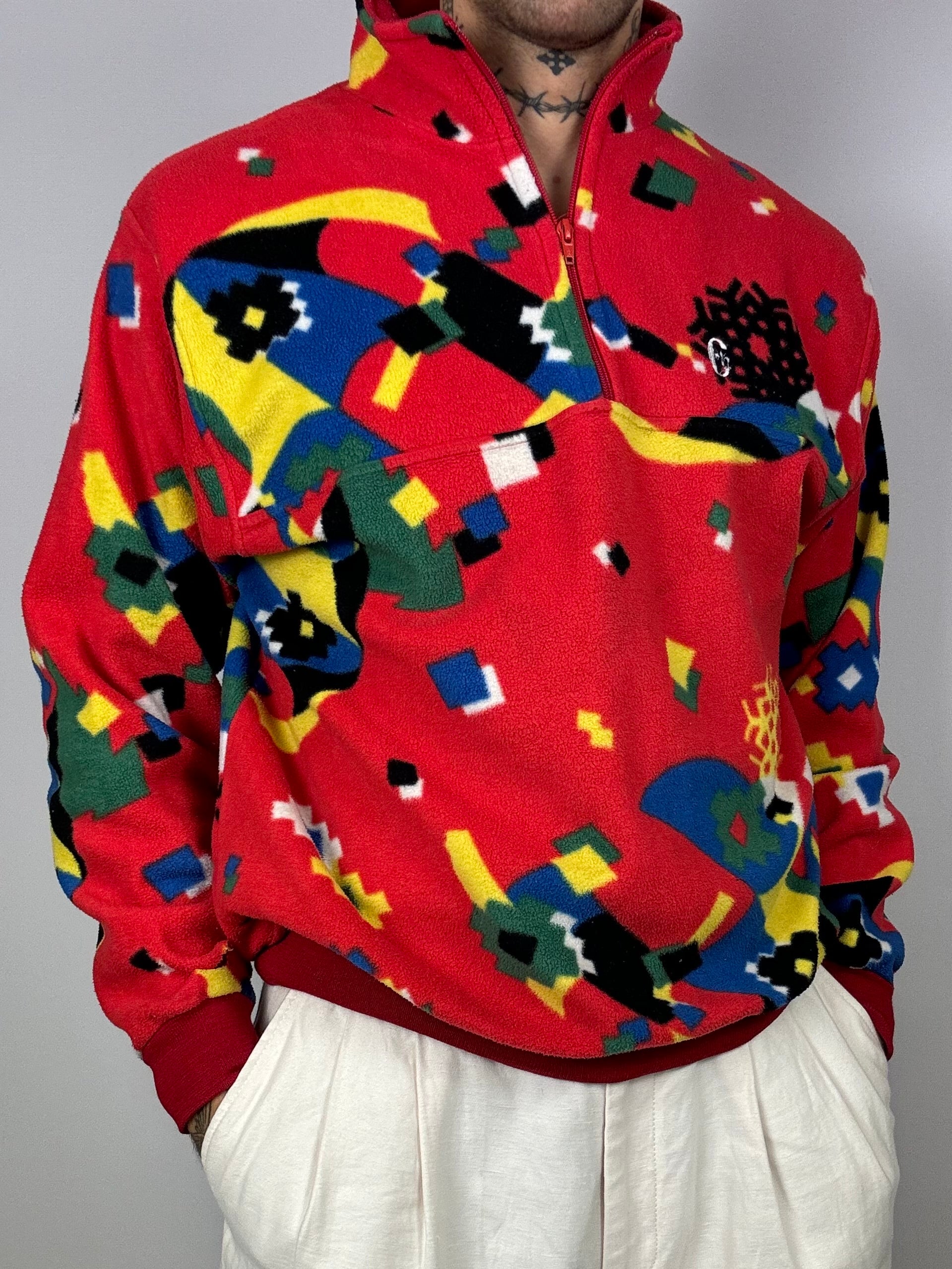 Rot/Gelb/Blau/Grün gemusterter Fleece mit Reißverschluss