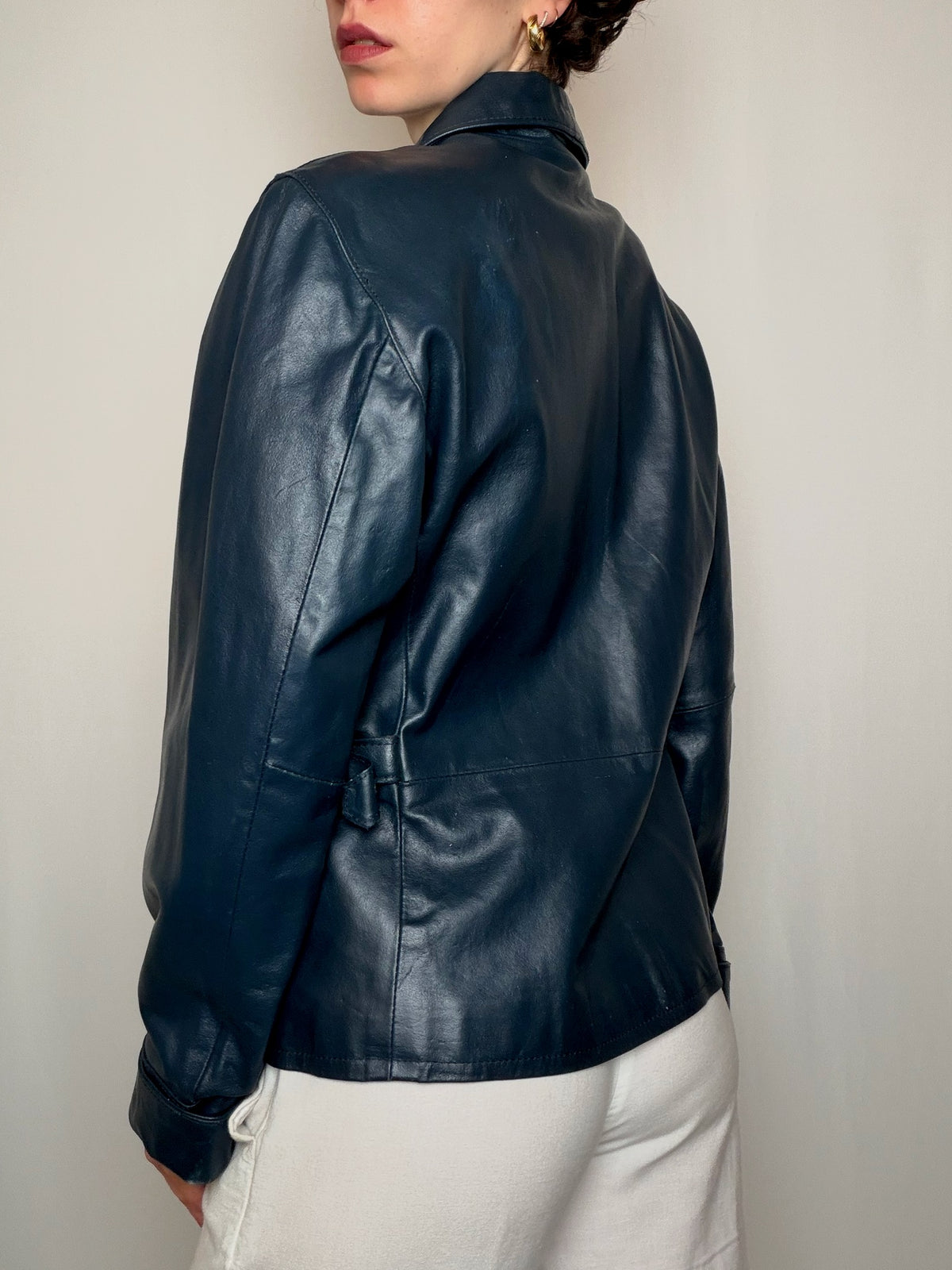 Veste en cuir Bleu Marine vintage