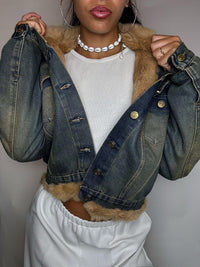 Veste courte en denim vert fourée
