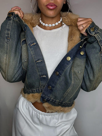 Veste courte en denim vert fourée