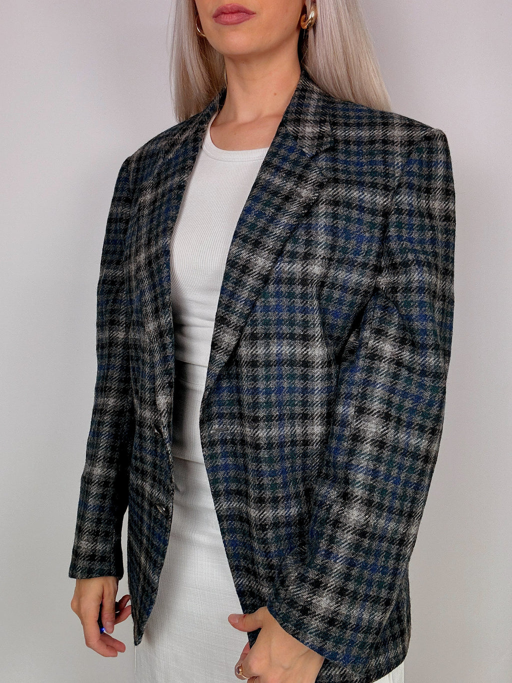 Blazer vintage oversize à carreaux bleu