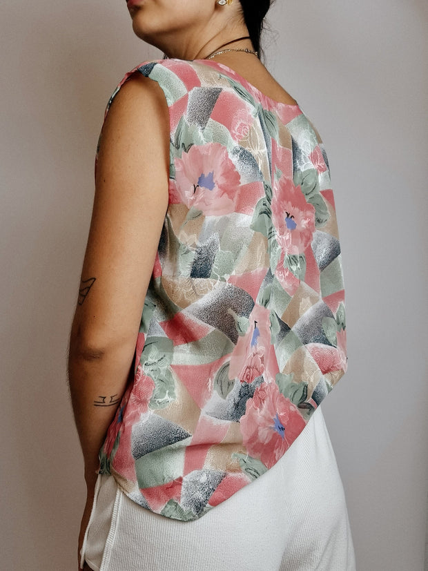 Chemisier Vintage à motifs rose et khaki