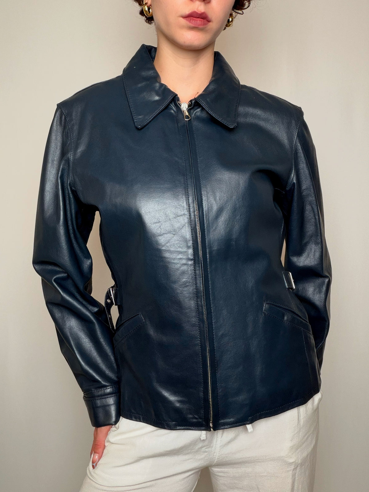 Veste en cuir Bleu Marine vintage