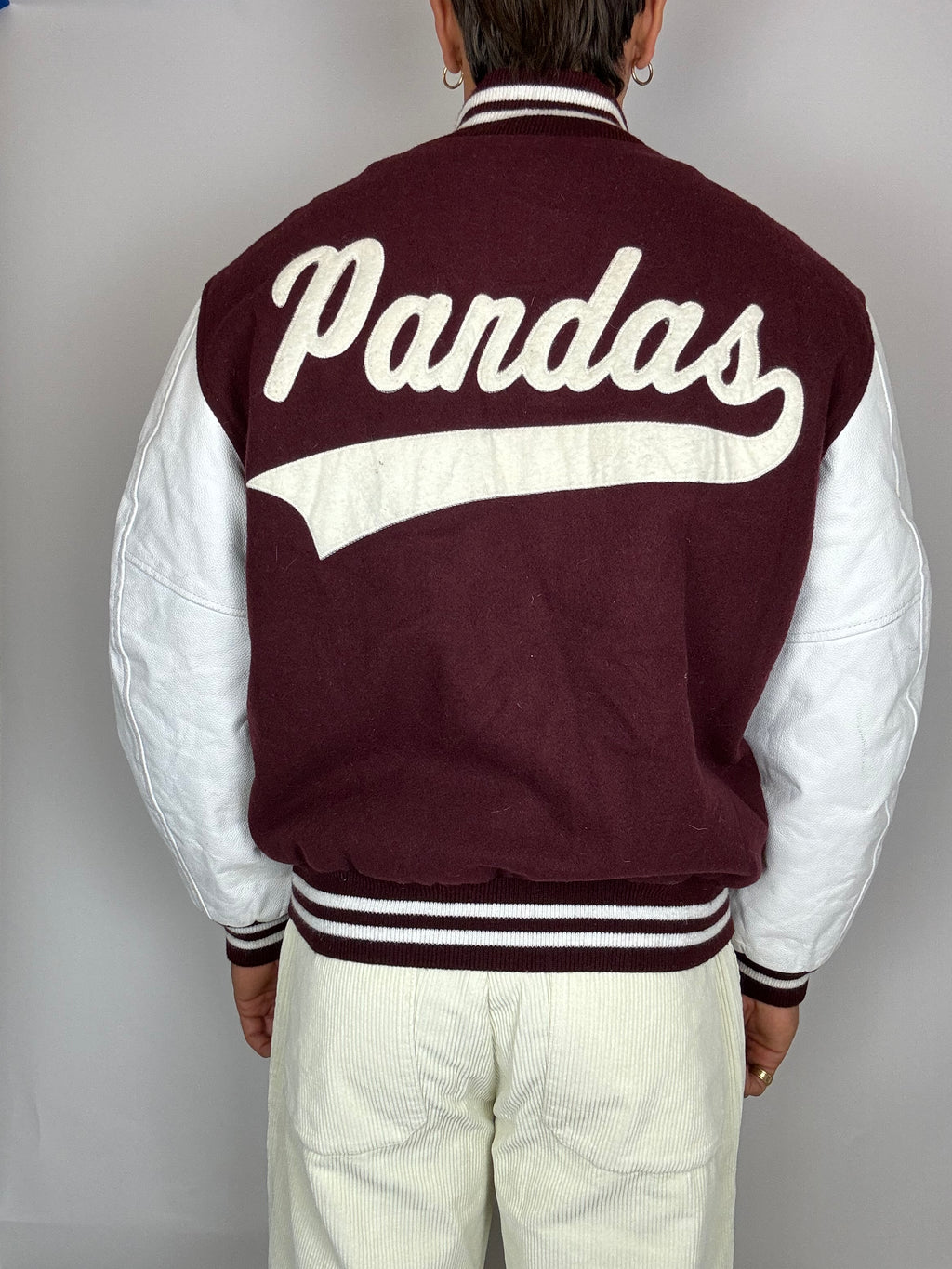 Burgundy and white bomber jacket with vintage leather sleeves