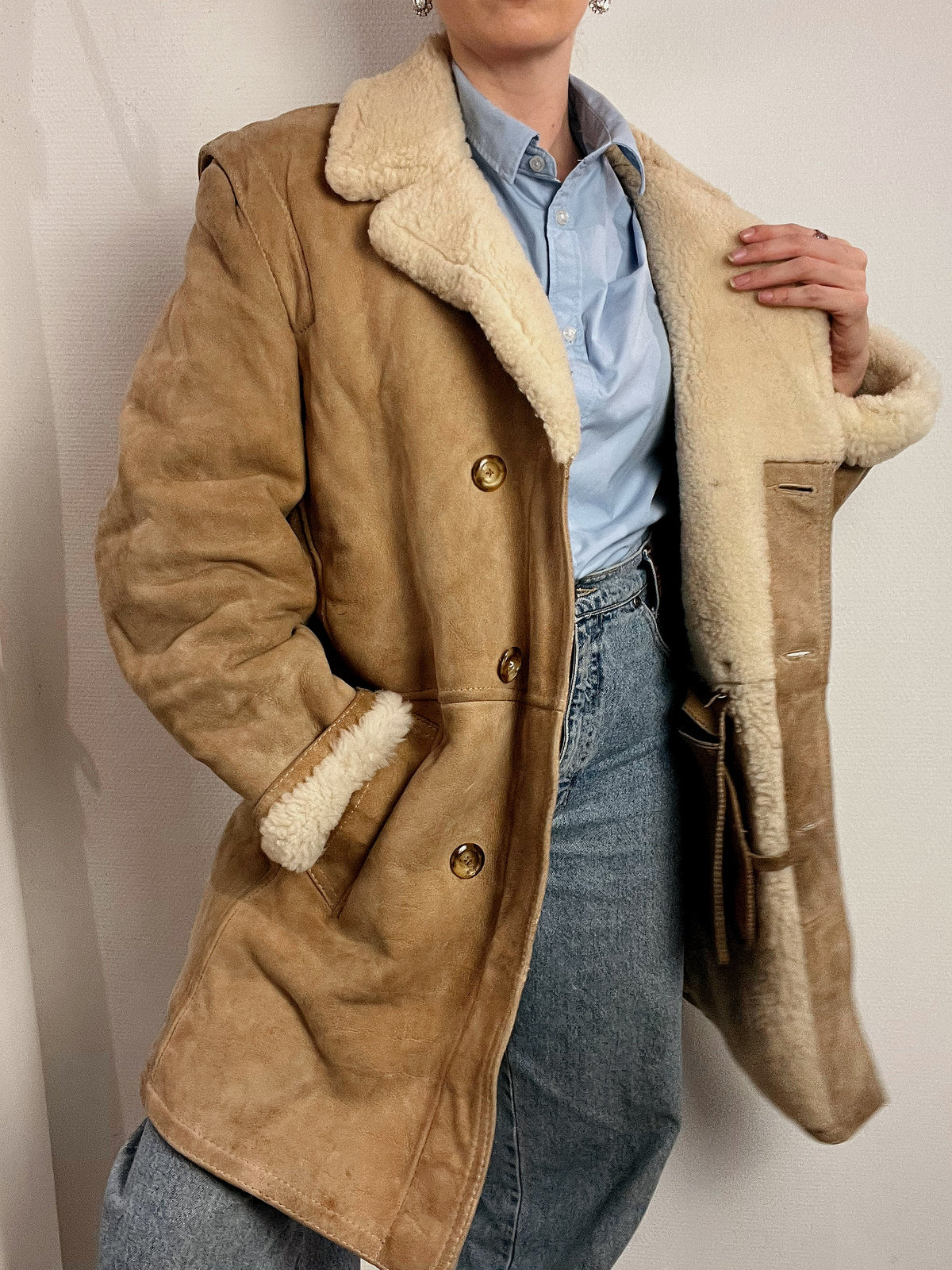 Manteau vintage en mouton retourné beige M/L