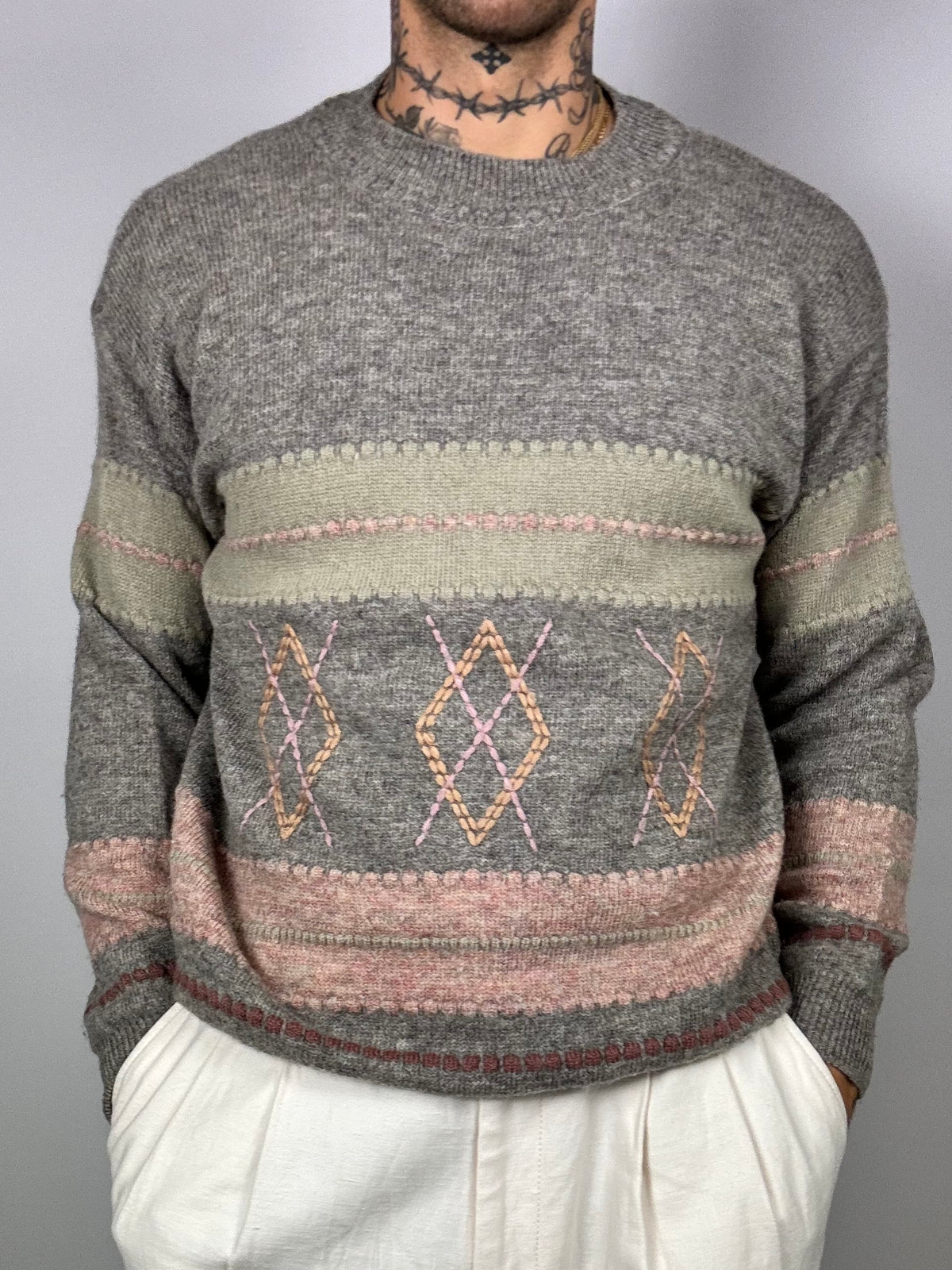 Grey, green &amp; pink patterned knit sweater