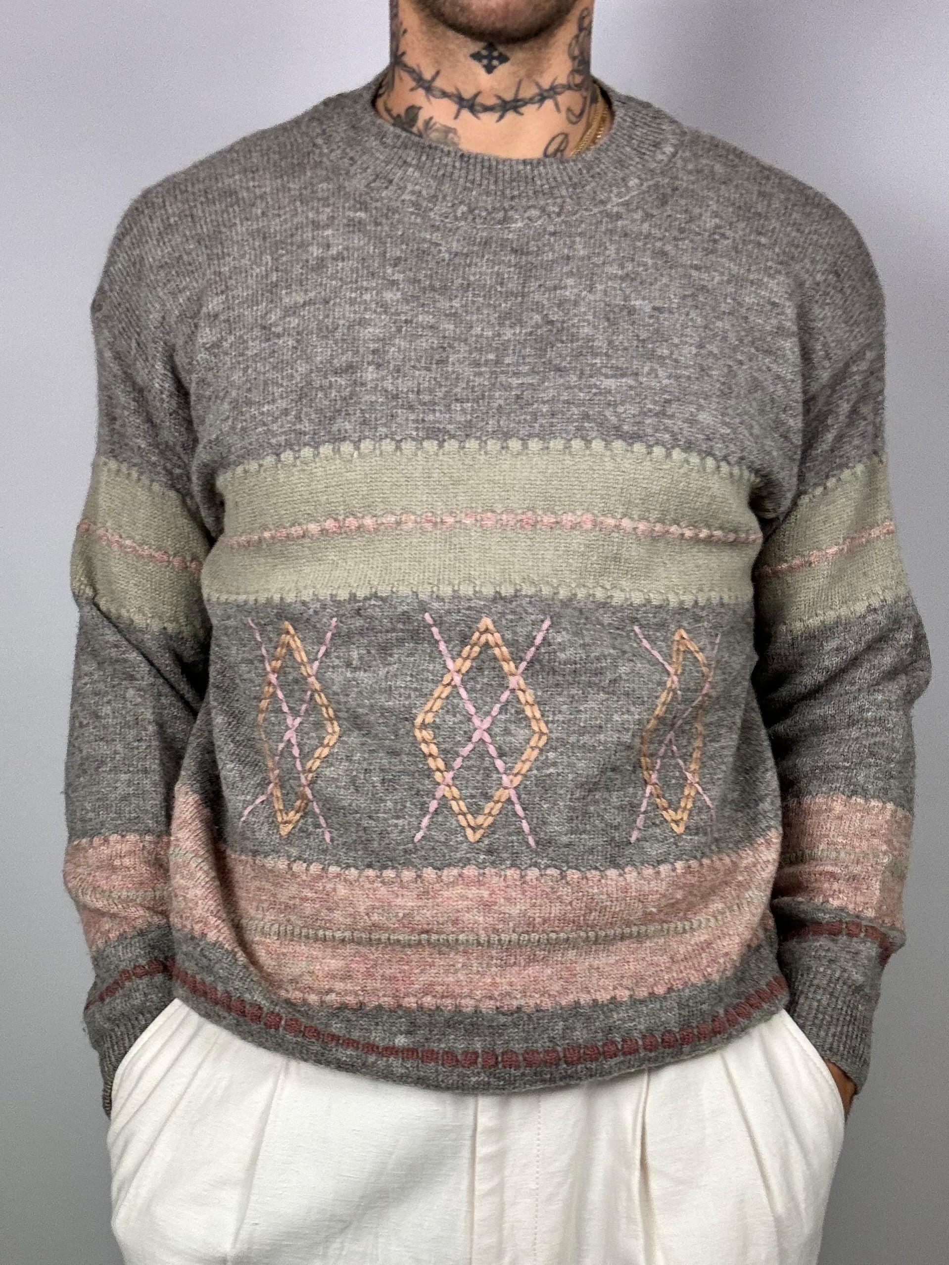 Grey, green &amp; pink patterned knit sweater