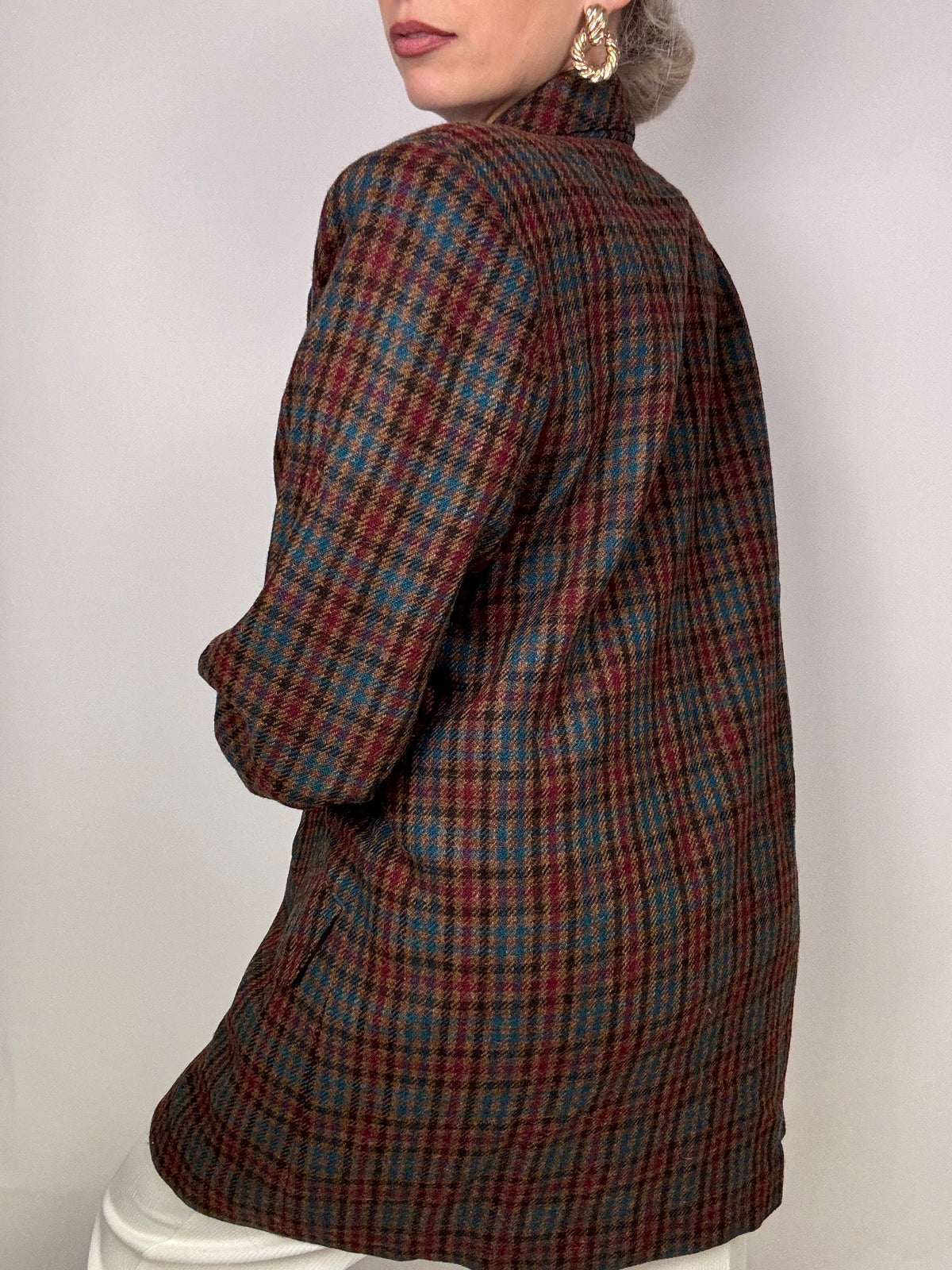 Vintage brown wool plaid long blazer