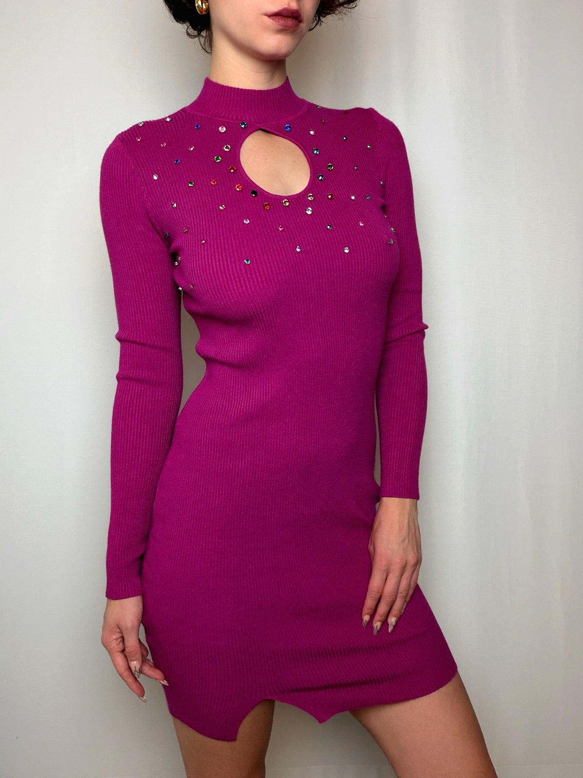 Robe pull fuschia à strass S vintage