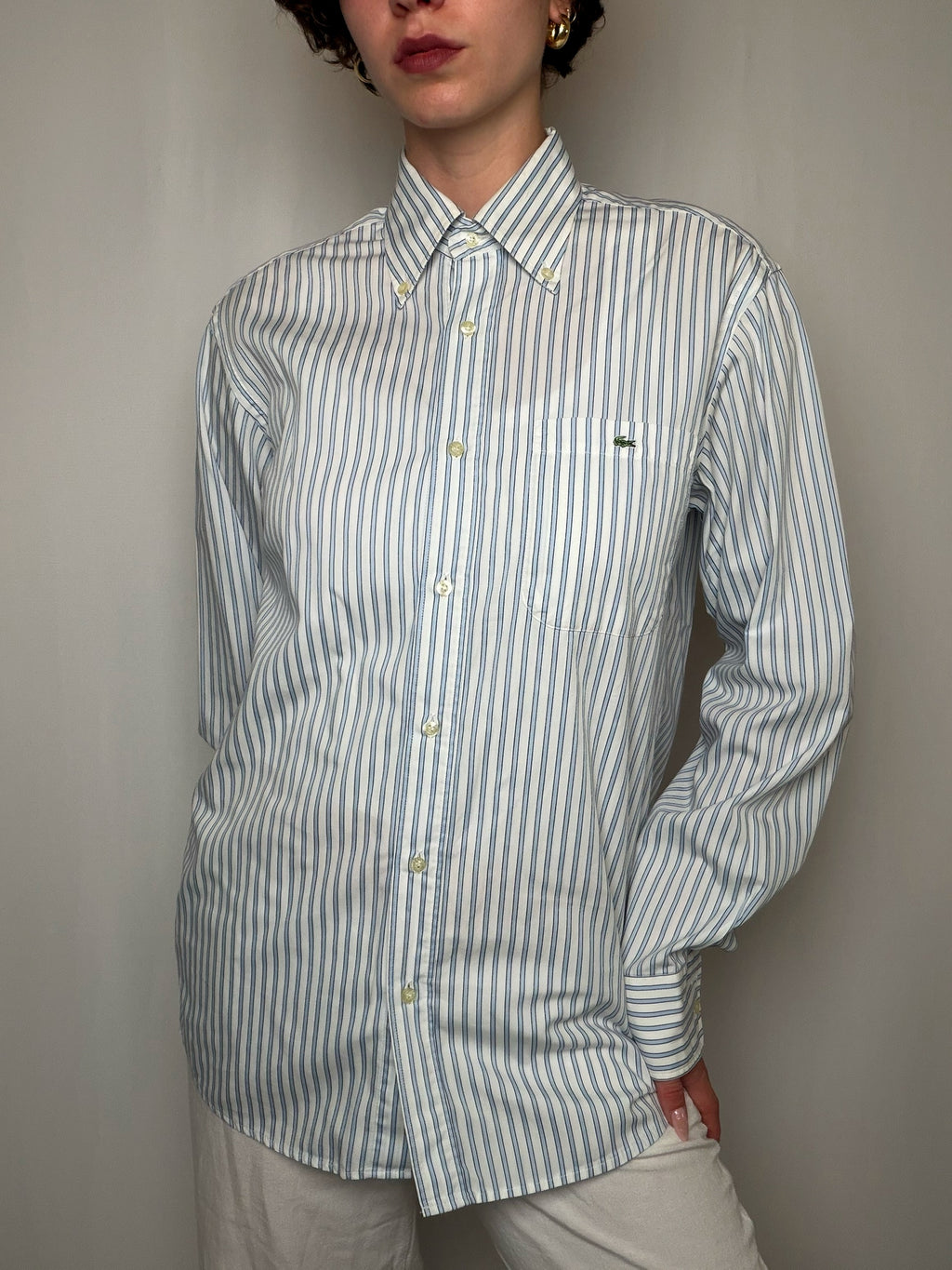 Chemise Rayures Bleu Marine Et Vert Sur Blanc Lacoste S/M vintage