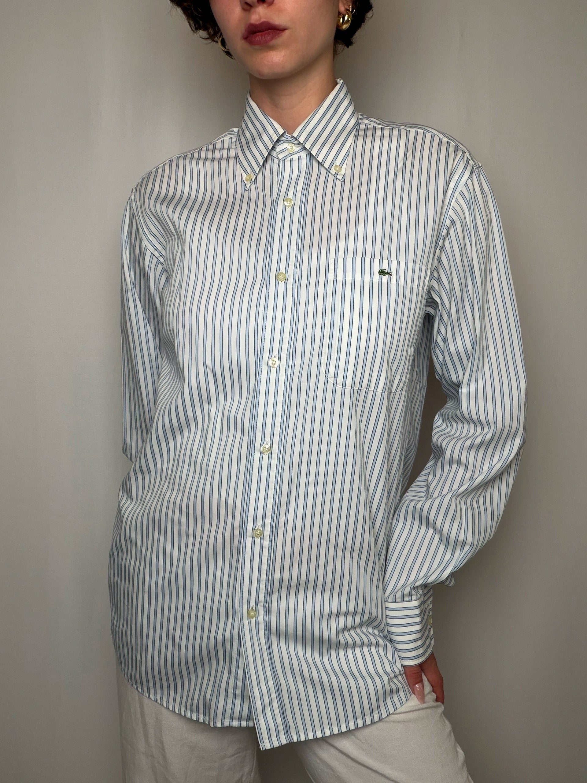 Chemise Rayures Bleu Marine Et Vert Sur Blanc Lacoste S/M vintage