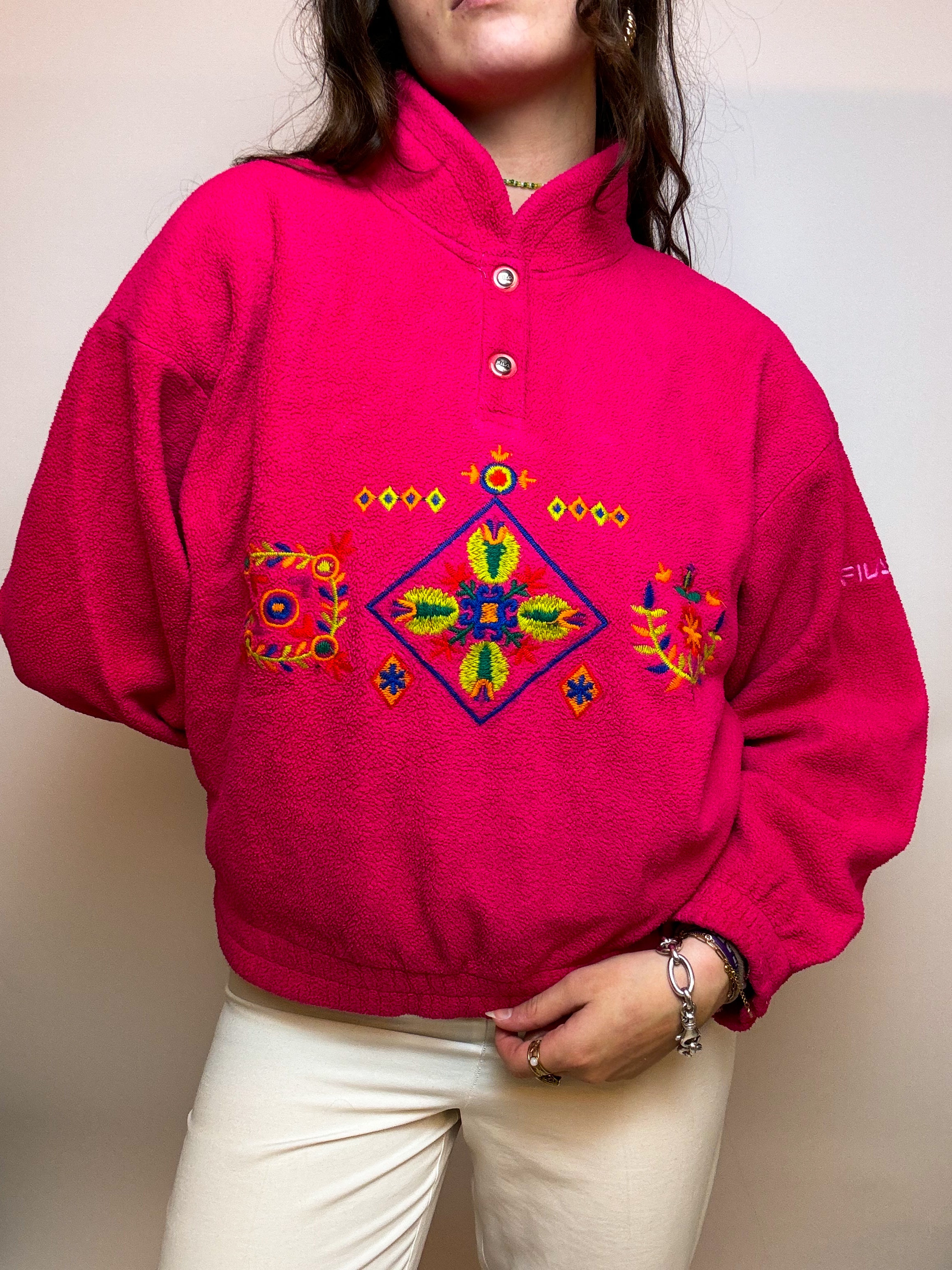 Pink fleece sweater with vintage snap buttons M 
